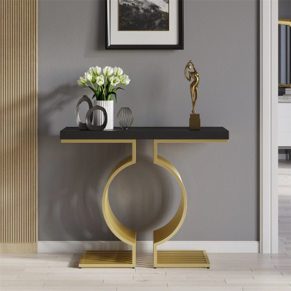 HMR Modern Narrow Console Table with Geometric Metal Base Entryway Table - Black, 47.2"