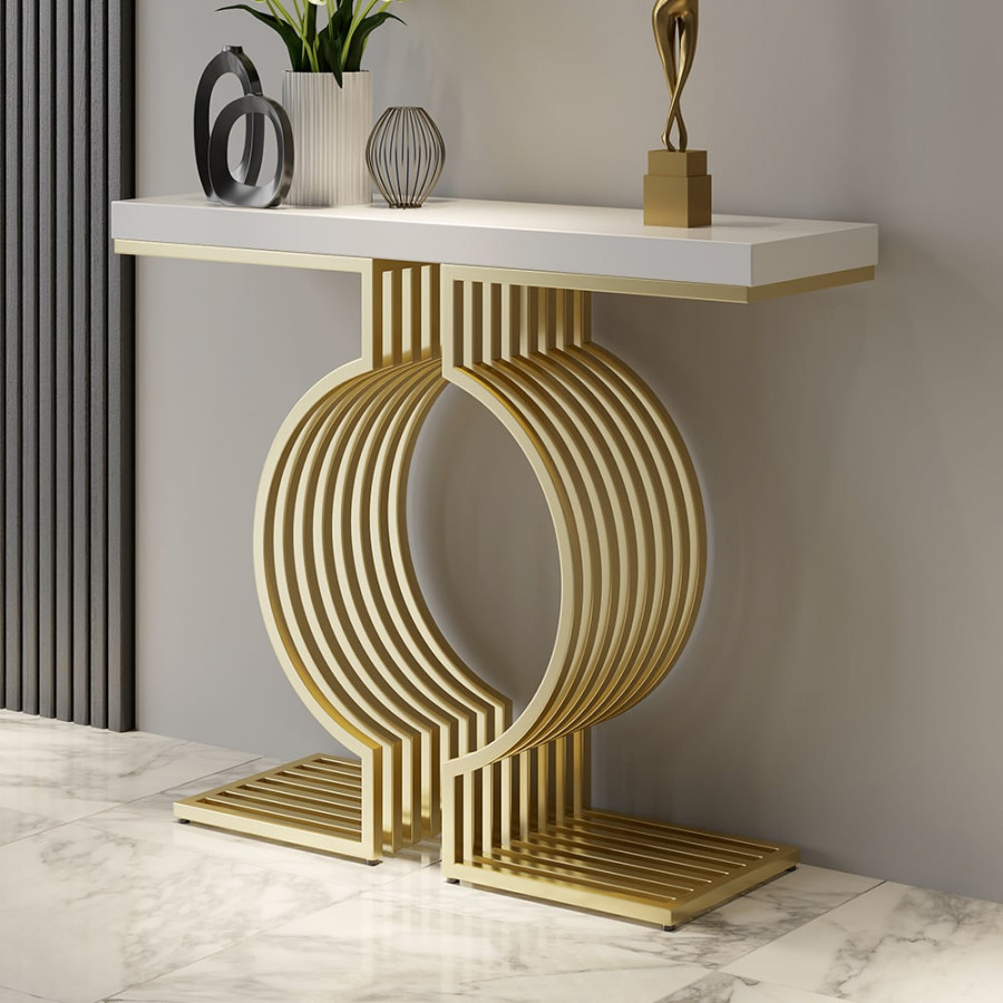 HMR Modern Narrow Console Table with Geometric Metal Base Entryway Table - White, 47.2"