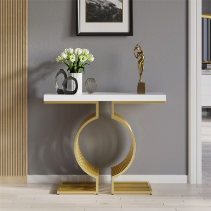 HMR Modern Narrow Console Table with Geometric Metal Base Entryway Table - White, 47.2"