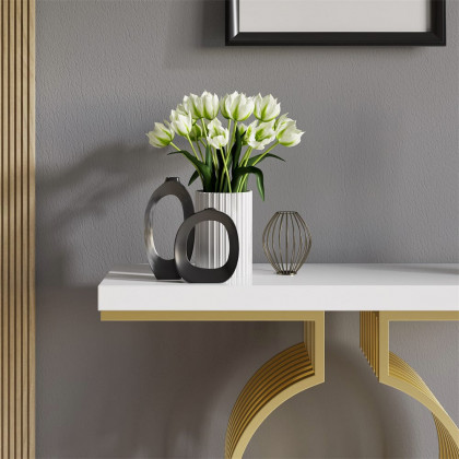 HMR Modern Narrow Console Table with Geometric Metal Base Entryway Table - White, 47.2"