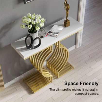 HMR Modern Narrow Console Table with Geometric Metal Base Entryway Table - White, 47.2"