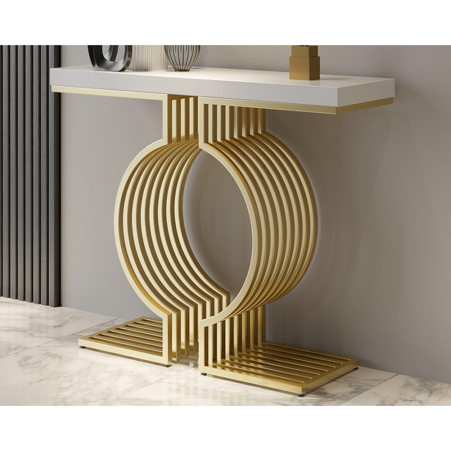 HMR Modern Narrow Console Table with Geometric Metal Base Entryway Table - White, 39.4"