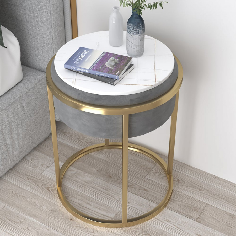 HMR - Round Sintered Stone Side Table Velvet Gold Finish in Gray