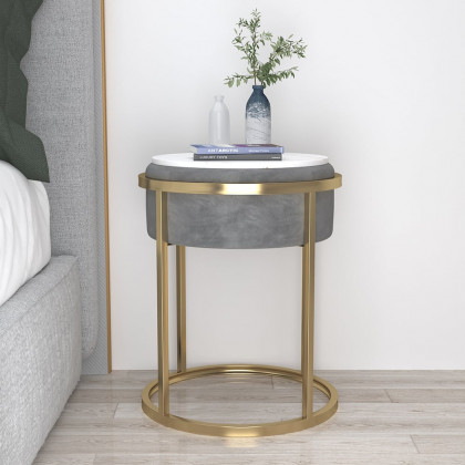 HMR - Round Sintered Stone Side Table Velvet Gold Finish in Gray