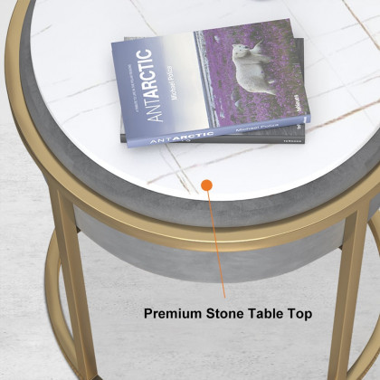 HMR - Round Sintered Stone Side Table Velvet Gold Finish in Gray