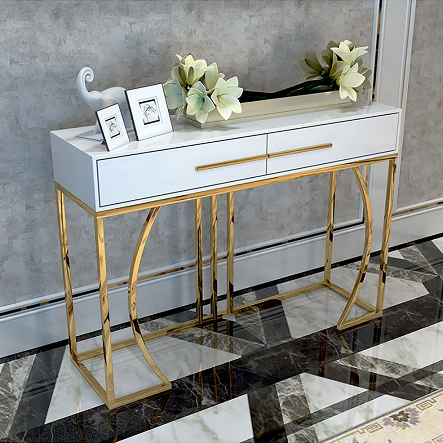 HMR - Modern MDF Top Console Table with Drawers and Stainless Steel Legs in White, 39.4"L