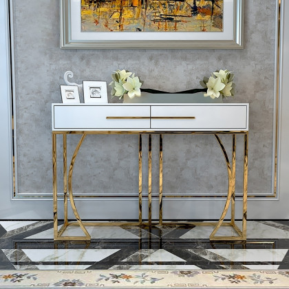 HMR - Modern MDF Top Console Table with Drawers and Stainless Steel Legs in White, 39.4"L