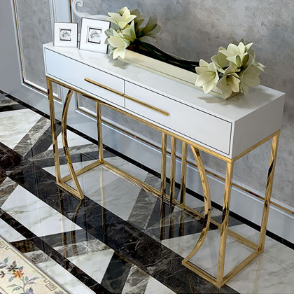 HMR - Modern MDF Top Console Table with Drawers and Stainless Steel Legs in White, 39.4"L