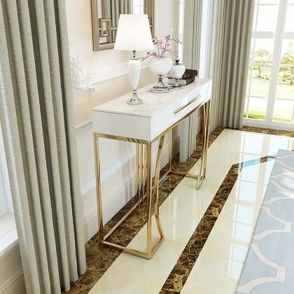 HMR - Modern MDF Top Console Table with Drawers and Stainless Steel Legs in White, 39.4"L