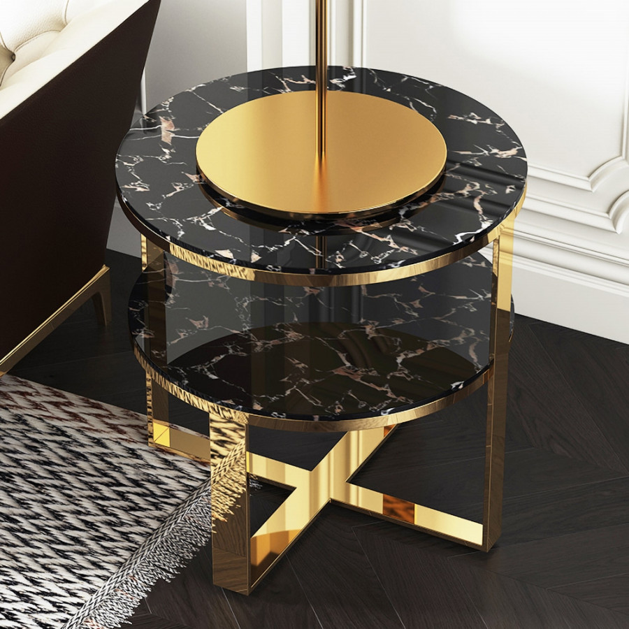 HMR - 2-Tier Round Marble End Table with Storage in Black