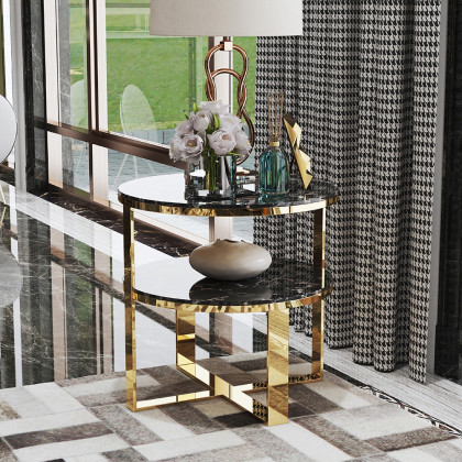 HMR - 2-Tier Round Marble End Table with Storage in Black