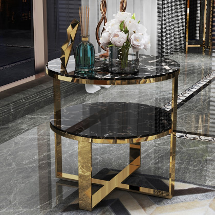 HMR - 2-Tier Round Marble End Table with Storage in Black