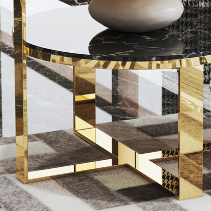 HMR - 2-Tier Round Marble End Table with Storage in Black