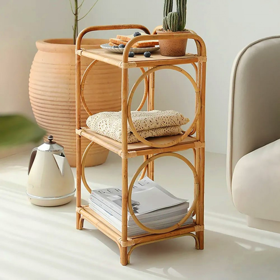 HMR - Farmhouse Side Table with 3-Tier End Table in Wood and Rattan