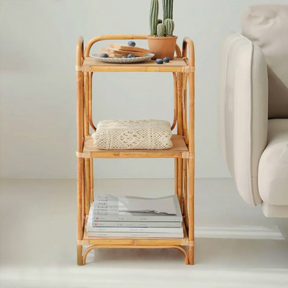 HMR - Farmhouse Side Table with 3-Tier End Table in Wood and Rattan