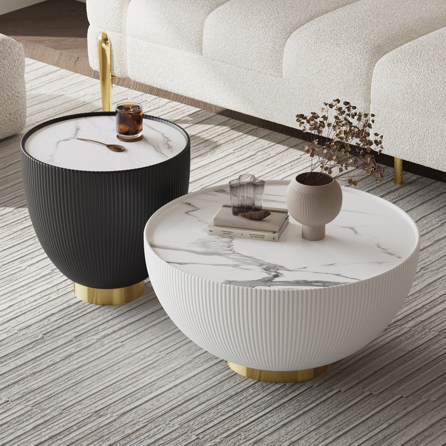 HMR - Round Sintered Stone Leather Drum Coffee Table Set (20"-28")