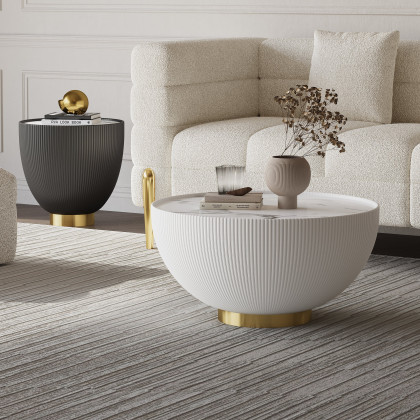 HMR - Round Sintered Stone Leather Drum Coffee Table Set (20"-28")