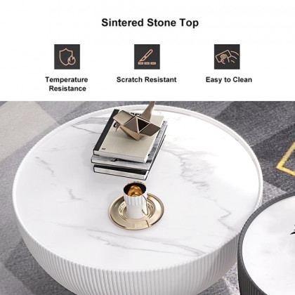 HMR - Round Sintered Stone Leather Drum Coffee Table Set (20"-28")
