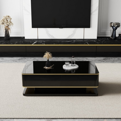 HMR Gapn Series Rectangular Coffee Table with Storage - Black, Tempered Glass