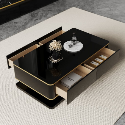HMR Gapn Series Rectangular Coffee Table with Storage - Black, Tempered Glass