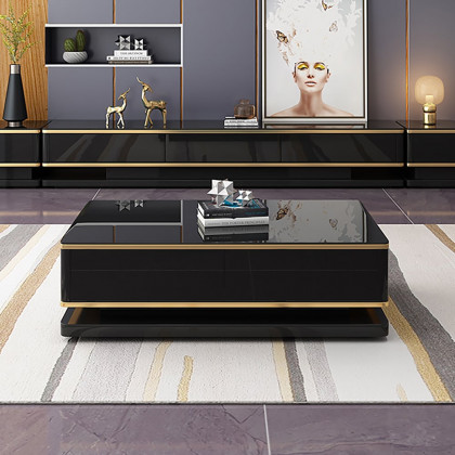 HMR Gapn Series Rectangular Coffee Table with Storage - Black, Tempered Glass