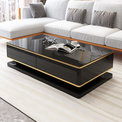 HMR Gapn Series Rectangular Coffee Table with Storage - Black, Tempered Glass