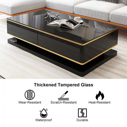 HMR Gapn Series Rectangular Coffee Table with Storage - Black, Tempered Glass
