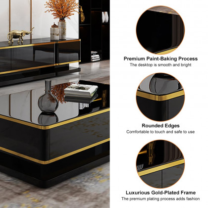 HMR Gapn Series Rectangular Coffee Table with Storage - Black, Tempered Glass