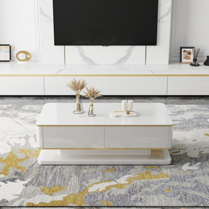 HMR Gapn Series Rectangular Coffee Table with Storage - White, Tempered Glass