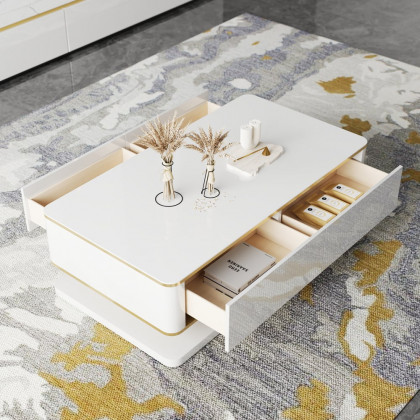 HMR Gapn Series Rectangular Coffee Table with Storage - White, Tempered Glass