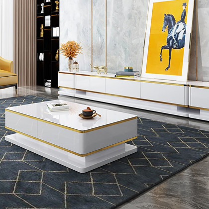 HMR Gapn Series Rectangular Coffee Table with Storage - White, Tempered Glass