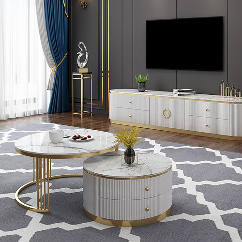 HMR - Plalue 2 Pieces Round Nesting Wooden Coffee Table with Drawers in White