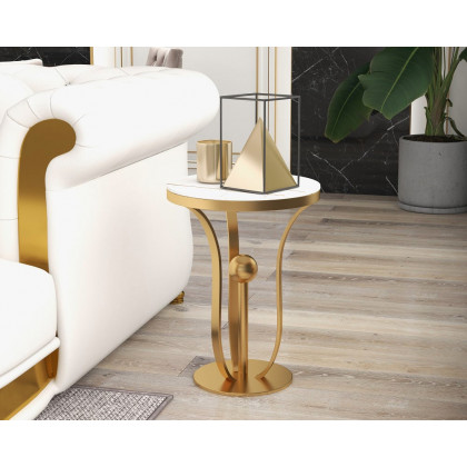 HMR Modern Round End Table with Stream-Lined Metal Pedestal - White