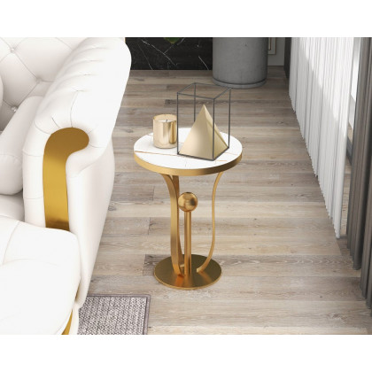 HMR Modern Round End Table with Stream-Lined Metal Pedestal - White