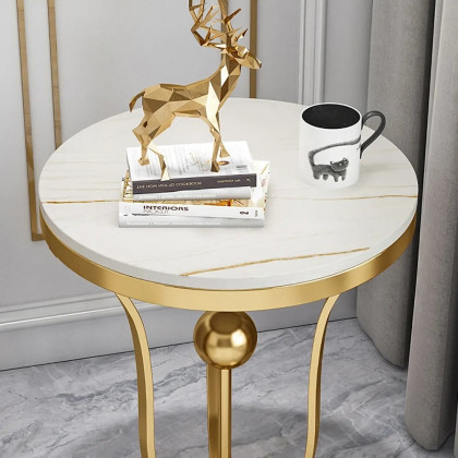 HMR Modern Round End Table with Stream-Lined Metal Pedestal - White