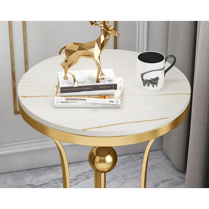 HMR Modern Round End Table with Stream-Lined Metal Pedestal - White