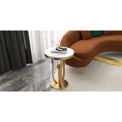 HMR Modern Round End Table with Stream-Lined Metal Pedestal - White