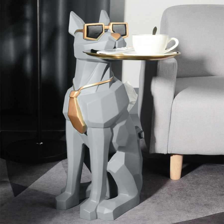 HMR Dog Sculpture Resin Side Table with Tray Top & Tissue Box - Gray