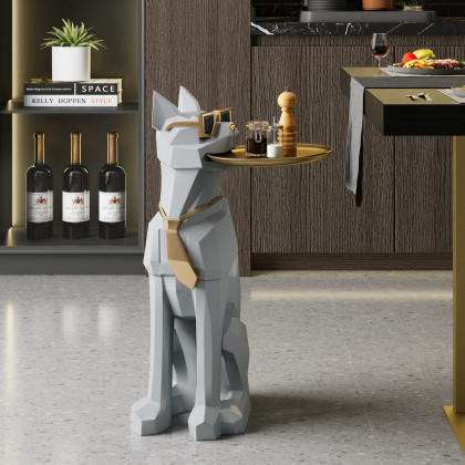 HMR Dog Sculpture Resin Side Table with Tray Top & Tissue Box - Gray