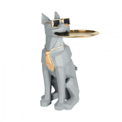 HMR Dog Sculpture Resin Side Table with Tray Top & Tissue Box - Gray
