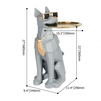 HMR Dog Sculpture Resin Side Table with Tray Top & Tissue Box - Gray