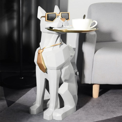 HMR Dog Sculpture Resin Side Table with Tray Top & Tissue Box - White