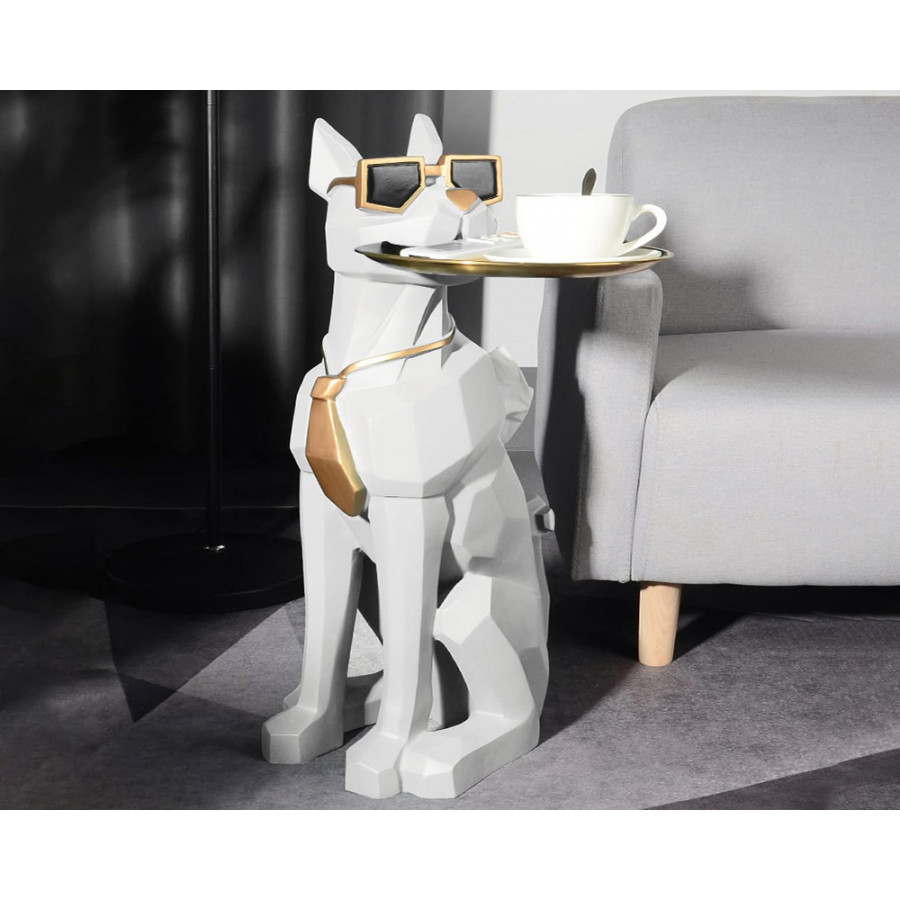 HMR - Dog Sculpture Resin Side Table with Tray Top & Tissue Box