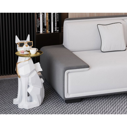 HMR Dog Sculpture Resin Side Table with Tray Top & Tissue Box - White