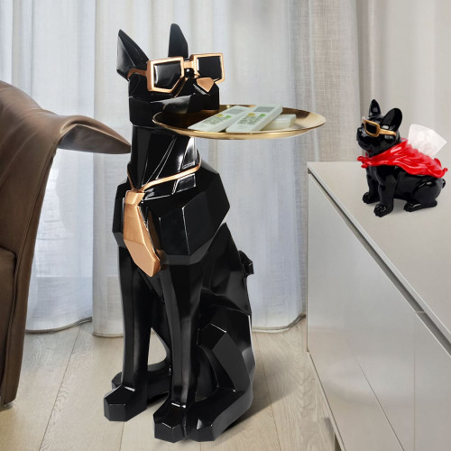 HMR Dog Sculpture Resin Side Table with Tray Top & Tissue Box - Black