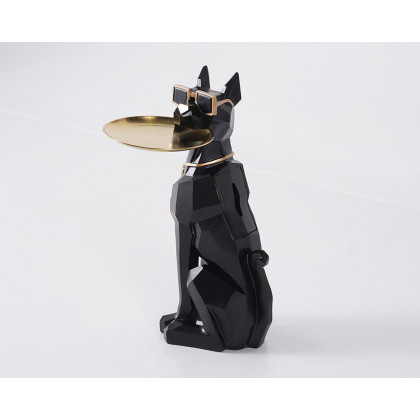 HMR Dog Sculpture Resin Side Table with Tray Top & Tissue Box - Black