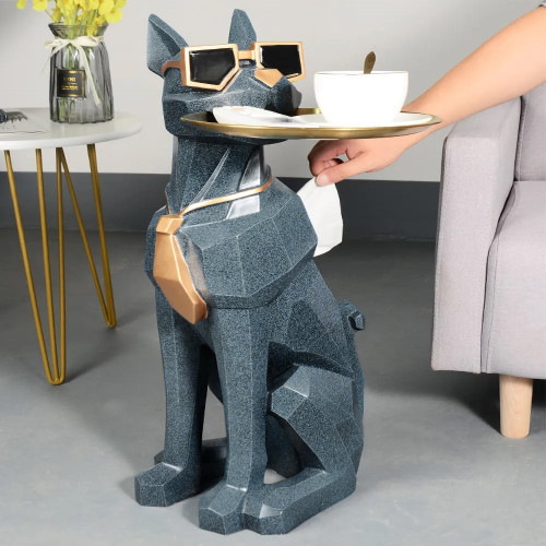 HMR Dog Sculpture Resin Side Table with Tray Top & Tissue Box - Blue