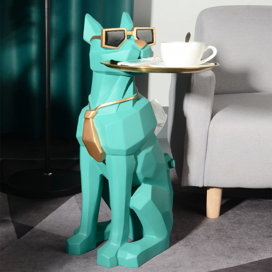 HMR Dog Sculpture Resin Side Table with Tray Top & Tissue Box - Green
