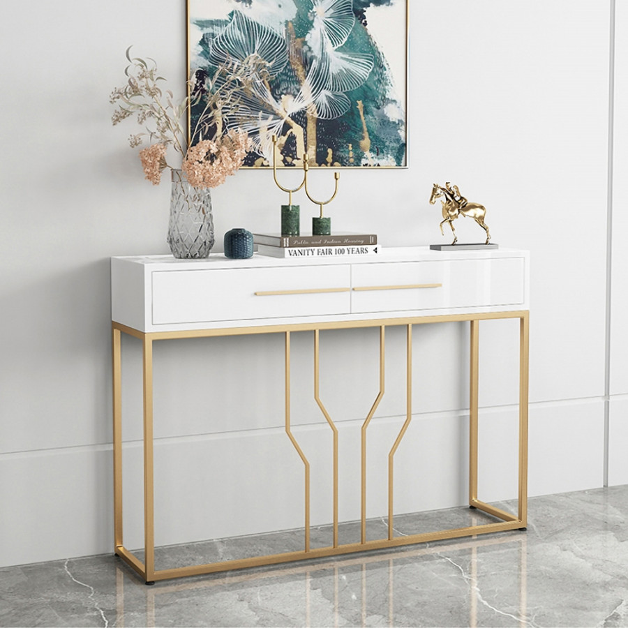 HMR Modern Narrow Console Table with Storage & Drawers - White