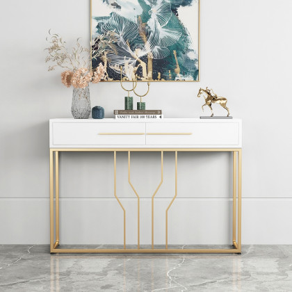 HMR Modern Narrow Console Table with Storage & Drawers - White